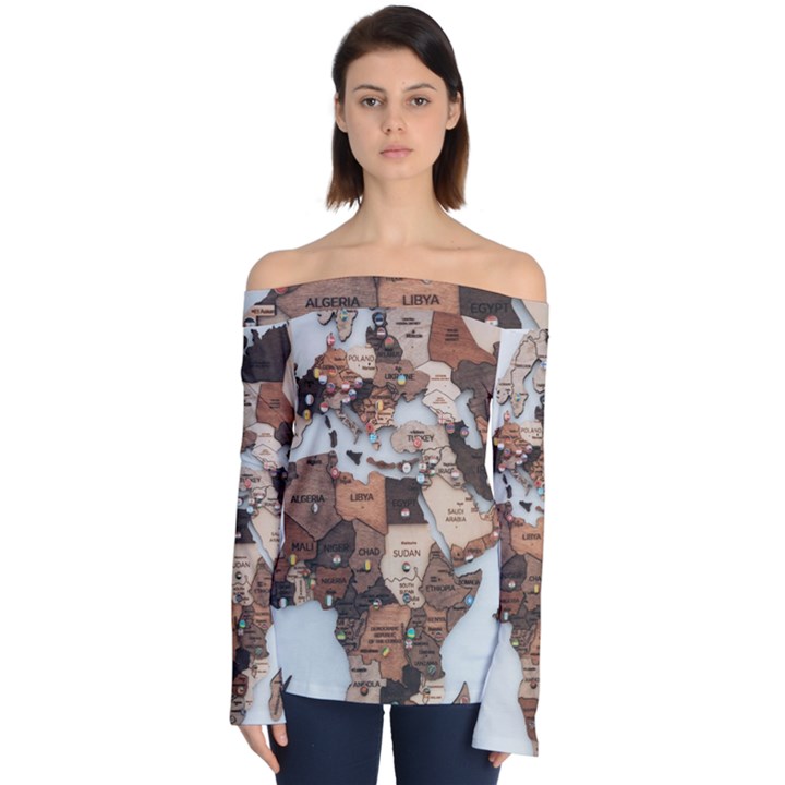 3d Vintage World Map Off Shoulder Long Sleeve Top