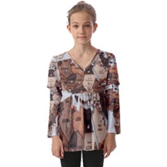 3d Vintage World Map Kids  V Neck Casual Top by Grandong