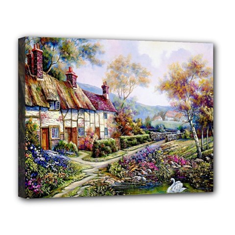 Colorful Cottage River Colorful House Landscape Garden Beautiful Painting Canvas 14  X 11  (stretched) by Grandong