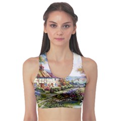 Colorful Cottage River Colorful House Landscape Garden Beautiful Painting Fitness Sports Bra by Grandong