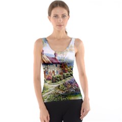 Colorful Cottage River Colorful House Landscape Garden Beautiful Painting Women s Basic Tank Top by Grandong