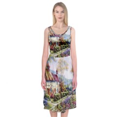 Colorful Cottage River Colorful House Landscape Garden Beautiful Painting Midi Sleeveless Dress by Grandong