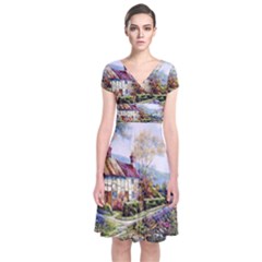 Colorful Cottage River Colorful House Landscape Garden Beautiful Painting Short Sleeve Front Wrap Dress by Grandong