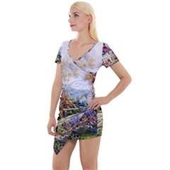 Colorful Cottage River Colorful House Landscape Garden Beautiful Painting Short Sleeve Asymmetric Mini Dress by Grandong