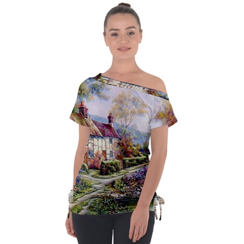 Colorful Cottage River Colorful House Landscape Garden Beautiful Painting Off Shoulder Tie-up T-shirt by Grandong