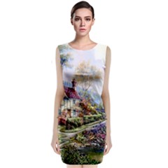 Colorful Cottage River Colorful House Landscape Garden Beautiful Painting Sleeveless Velvet Midi Dress by Grandong