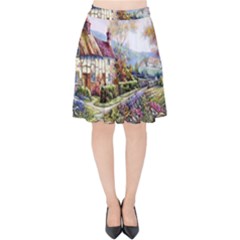 Colorful Cottage River Colorful House Landscape Garden Beautiful Painting Velvet High Waist Skirt by Grandong