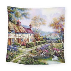 Colorful Cottage River Colorful House Landscape Garden Beautiful Painting Square Tapestry (large) by Grandong