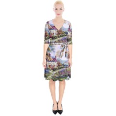 Colorful Cottage River Colorful House Landscape Garden Beautiful Painting Wrap Up Cocktail Dress by Grandong