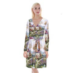 Colorful Cottage River Colorful House Landscape Garden Beautiful Painting Long Sleeve Velvet Front Wrap Dress by Grandong