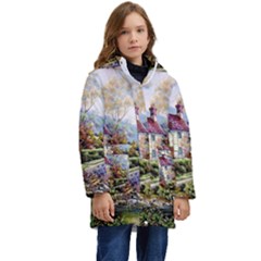 Colorful Cottage River Colorful House Landscape Garden Beautiful Painting Kids  Hooded Longline Puffer Jacket by Grandong