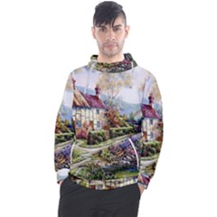 Colorful Cottage River Colorful House Landscape Garden Beautiful Painting Men s Pullover Hoodie by Grandong