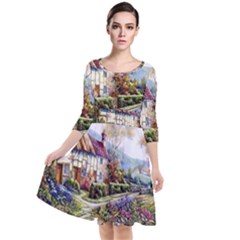 Colorful Cottage River Colorful House Landscape Garden Beautiful Painting Quarter Sleeve Waist Band Dress by Grandong