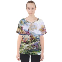 Colorful Cottage River Colorful House Landscape Garden Beautiful Painting V-neck Dolman Drape Top by Grandong