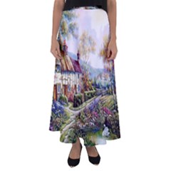 Colorful Cottage River Colorful House Landscape Garden Beautiful Painting Flared Maxi Skirt by Grandong