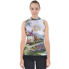 Colorful Cottage River Colorful House Landscape Garden Beautiful Painting Mock Neck Shell Top by Grandong