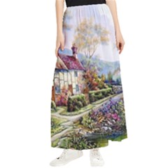 Colorful Cottage River Colorful House Landscape Garden Beautiful Painting Maxi Chiffon Skirt by Grandong