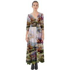 Colorful Cottage River Colorful House Landscape Garden Beautiful Painting Button Up Boho Maxi Dress by Grandong