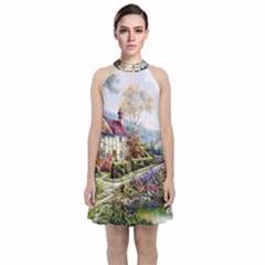 Colorful Cottage River Colorful House Landscape Garden Beautiful Painting Velvet Halter Neckline Dress  by Grandong