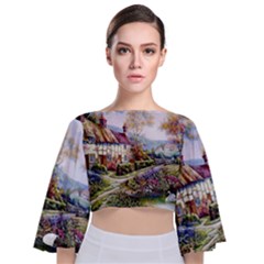 Colorful Cottage River Colorful House Landscape Garden Beautiful Painting Tie Back Butterfly Sleeve Chiffon Top by Grandong