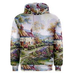 Colorful Cottage River Colorful House Landscape Garden Beautiful Painting Men s Overhead Hoodie by Grandong