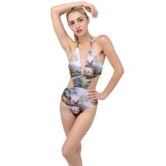 Colorful Cottage River Colorful House Landscape Garden Beautiful Painting Plunging Cut Out Swimsuit by Grandong