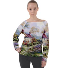 Colorful Cottage River Colorful House Landscape Garden Beautiful Painting Off Shoulder Long Sleeve Velour Top by Grandong