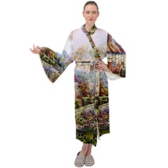 Colorful Cottage River Colorful House Landscape Garden Beautiful Painting Maxi Velvet Kimono by Grandong