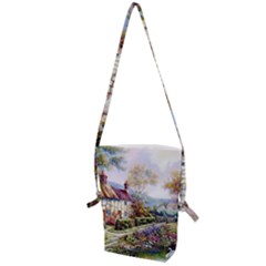 Colorful Cottage River Colorful House Landscape Garden Beautiful Painting Folding Shoulder Bag by Grandong