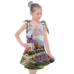 Colorful Cottage River Colorful House Landscape Garden Beautiful Painting Kids  Tie Up Tunic Dress by Grandong