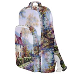 Colorful Cottage River Colorful House Landscape Garden Beautiful Painting Double Compartment Backpack by Grandong