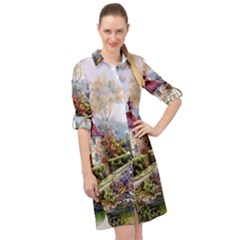 Colorful Cottage River Colorful House Landscape Garden Beautiful Painting Long Sleeve Mini Shirt Dress by Grandong