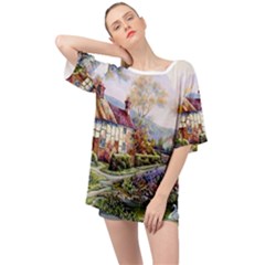 Colorful Cottage River Colorful House Landscape Garden Beautiful Painting Oversized Chiffon Top by Grandong