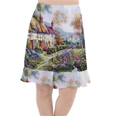 Colorful Cottage River Colorful House Landscape Garden Beautiful Painting Fishtail Chiffon Skirt by Grandong