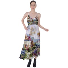 Colorful Cottage River Colorful House Landscape Garden Beautiful Painting Tie Back Maxi Dress by Grandong