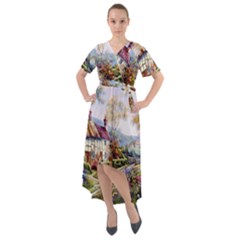 Colorful Cottage River Colorful House Landscape Garden Beautiful Painting Front Wrap High Low Dress by Grandong