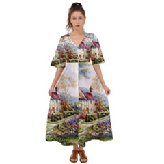 Colorful Cottage River Colorful House Landscape Garden Beautiful Painting Kimono Sleeve Boho Dress by Grandong