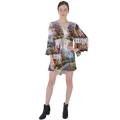 Colorful Cottage River Colorful House Landscape Garden Beautiful Painting V-neck Flare Sleeve Mini Dress by Grandong