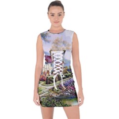 Colorful Cottage River Colorful House Landscape Garden Beautiful Painting Lace Up Front Bodycon Dress by Grandong