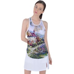 Colorful Cottage River Colorful House Landscape Garden Beautiful Painting Racer Back Mesh Tank Top by Grandong