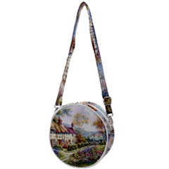 Colorful Cottage River Colorful House Landscape Garden Beautiful Painting Crossbody Circle Bag by Grandong