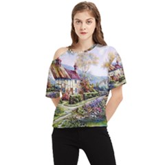 Colorful Cottage River Colorful House Landscape Garden Beautiful Painting One Shoulder Cut Out T-shirt by Grandong