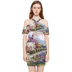 Colorful Cottage River Colorful House Landscape Garden Beautiful Painting Shoulder Frill Bodycon Summer Dress by Grandong