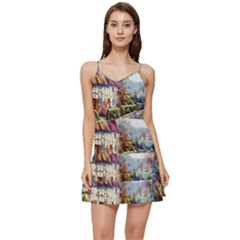 Colorful Cottage River Colorful House Landscape Garden Beautiful Painting Short Frill Dress by Grandong