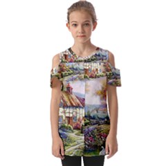 Colorful Cottage River Colorful House Landscape Garden Beautiful Painting Fold Over Open Sleeve Top by Grandong