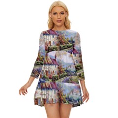 Colorful Cottage River Colorful House Landscape Garden Beautiful Painting Long Sleeve Babydoll Dress by Grandong