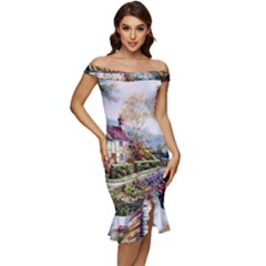 Colorful Cottage River Colorful House Landscape Garden Beautiful Painting Off Shoulder Ruffle Split Hem Bodycon Dress by Grandong