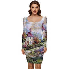 Colorful Cottage River Colorful House Landscape Garden Beautiful Painting Women Long Sleeve Ruched Stretch Jersey Dress by Grandong