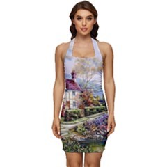 Colorful Cottage River Colorful House Landscape Garden Beautiful Painting Sleeveless Wide Square Neckline Ruched Bodycon Dress by Grandong