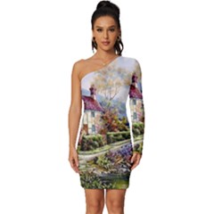 Colorful Cottage River Colorful House Landscape Garden Beautiful Painting Long Sleeve One Shoulder Mini Dress by Grandong